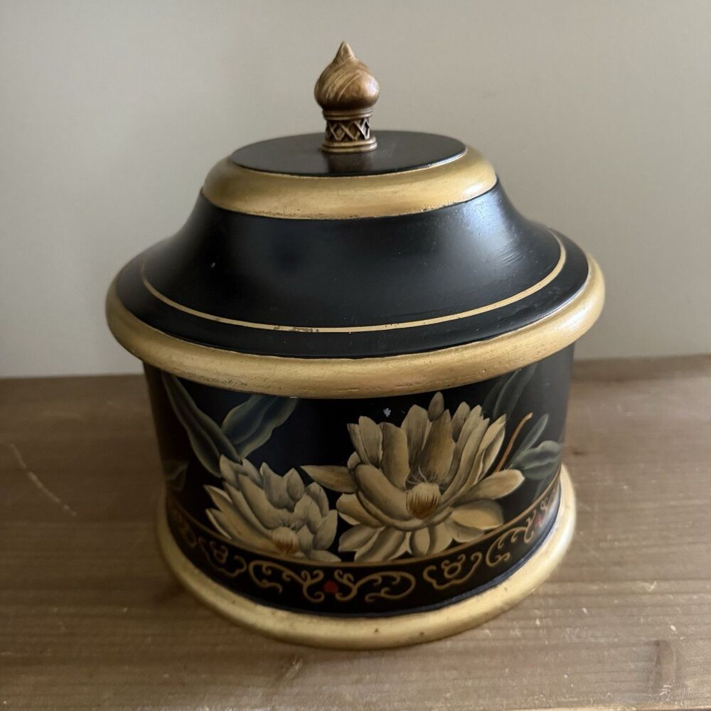 Vintage Lotus on Black Gold Trim LIDDED STORAGE BOX Wooden